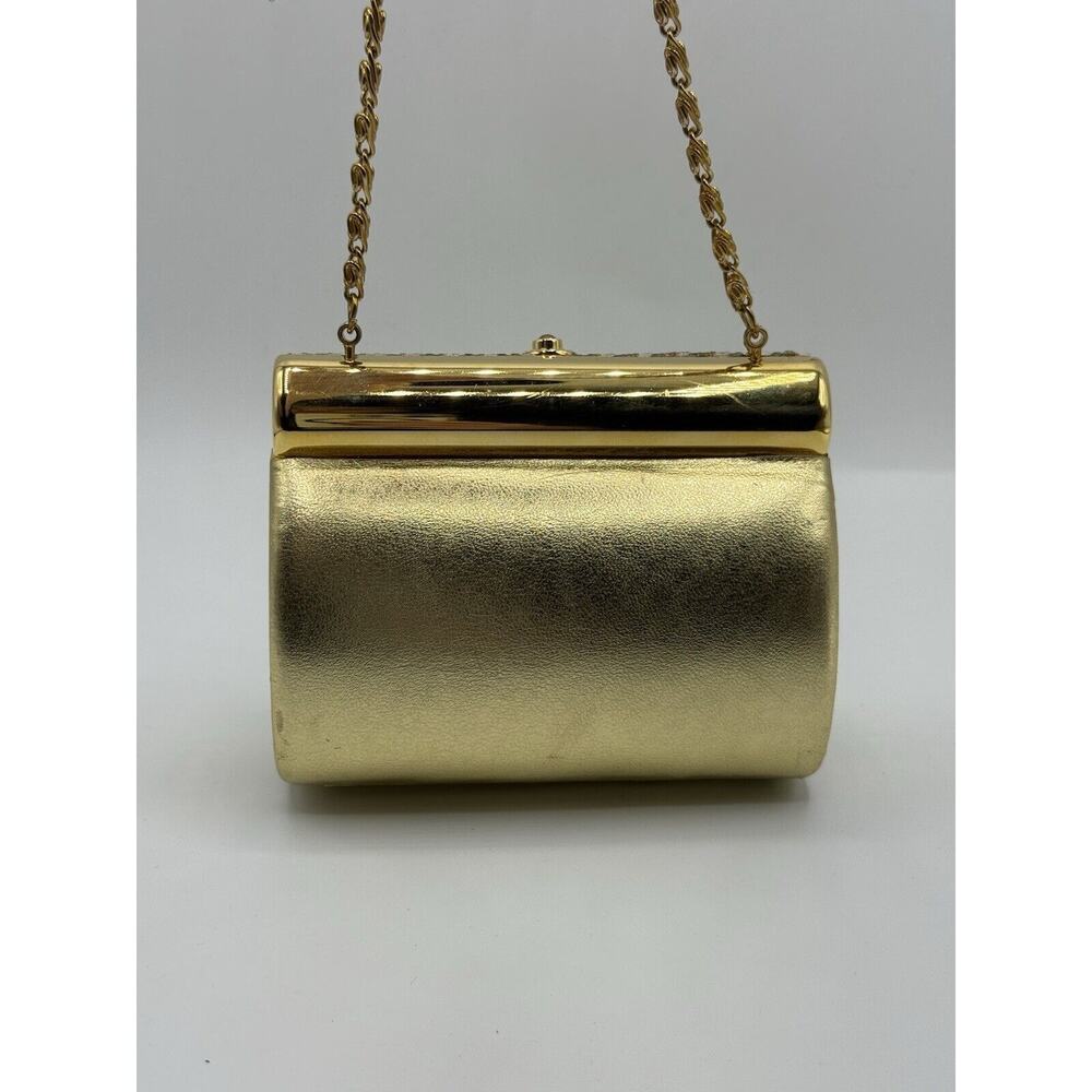 Evening Gold Leather Faux Leather Structured Rhinestone Shoulder Bag Chain Small - Picture 4 of 10